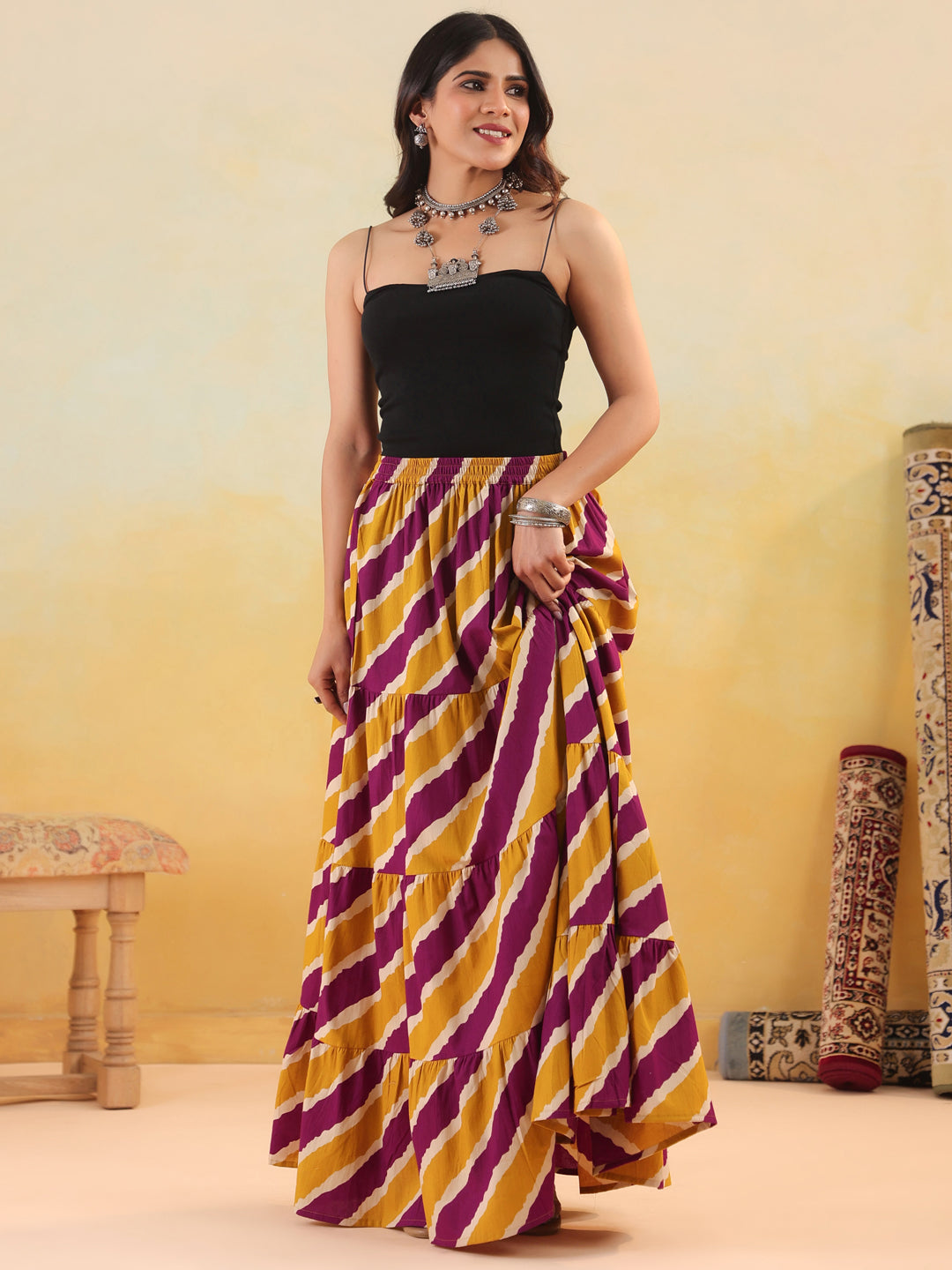 Rimeline Women Pure Cotton Cotton Cambric Self Design Maxi Flared Skirt