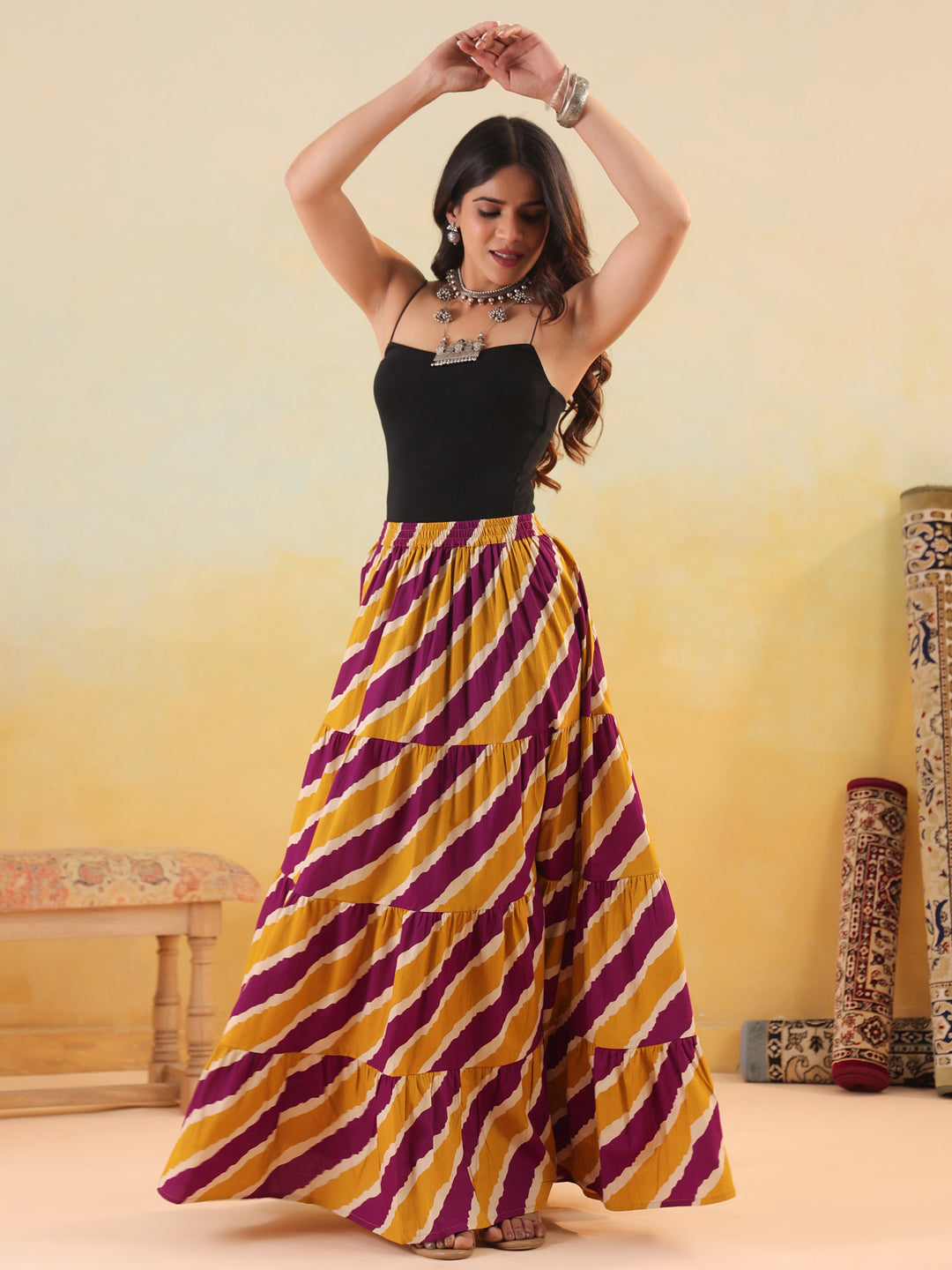 Rimeline Women Pure Cotton Cotton Cambric Self Design Maxi Flared Skirt