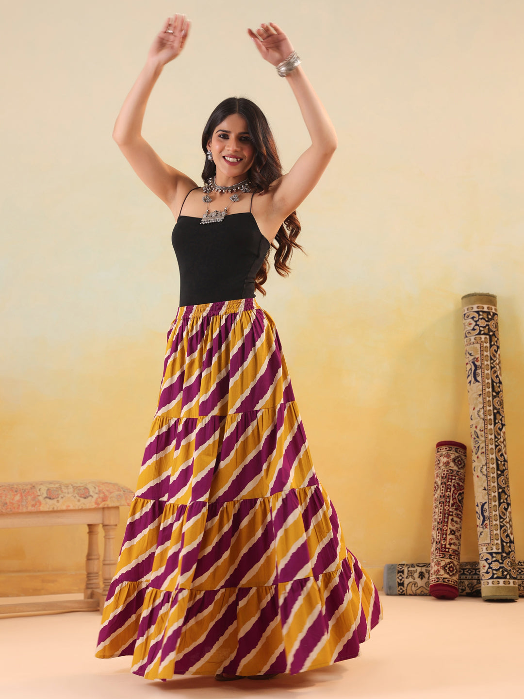 Rimeline Women Pure Cotton Cotton Cambric Self Design Maxi Flared Skirt