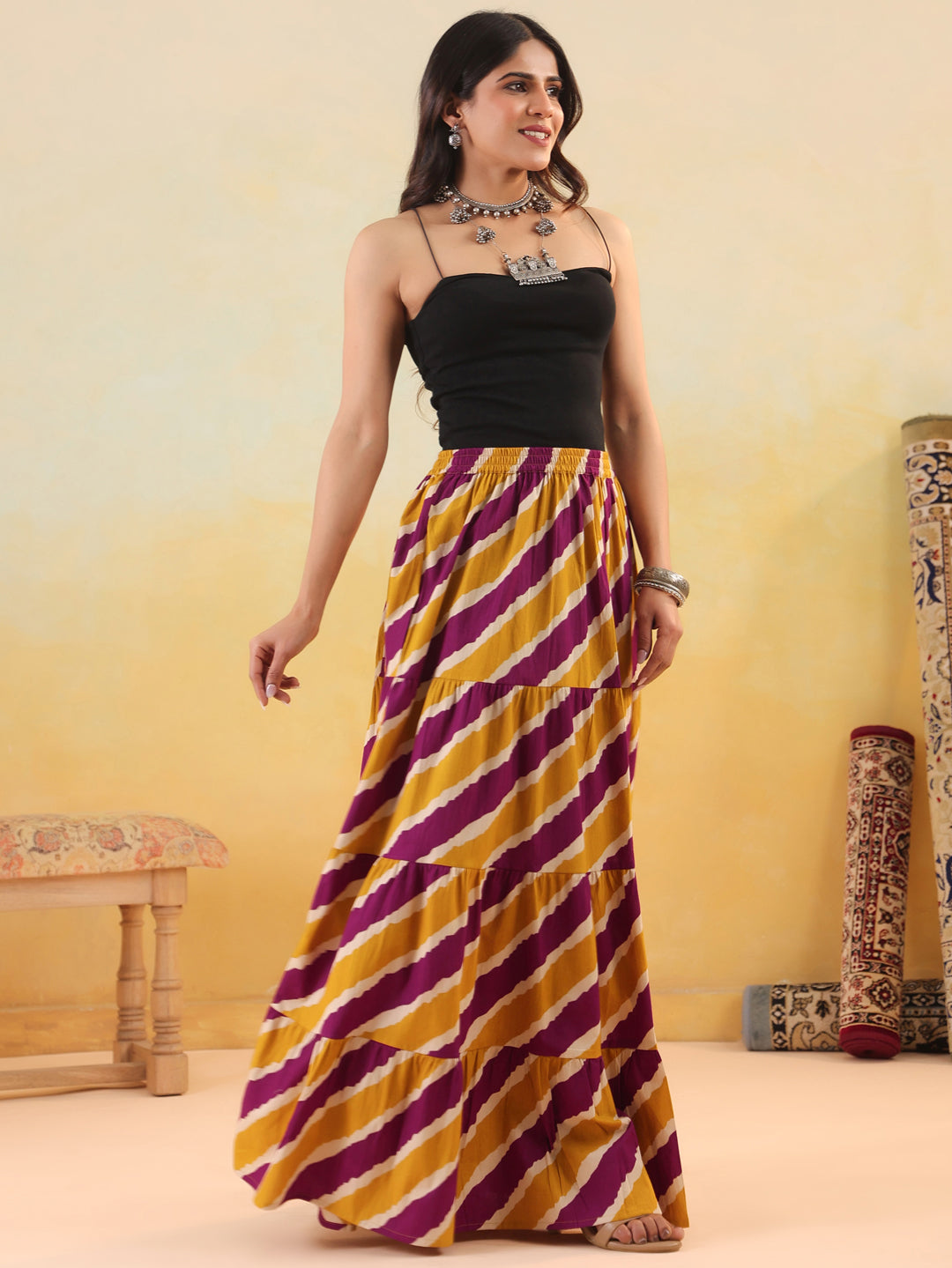 Rimeline Women Pure Cotton Cotton Cambric Self Design Maxi Flared Skirt