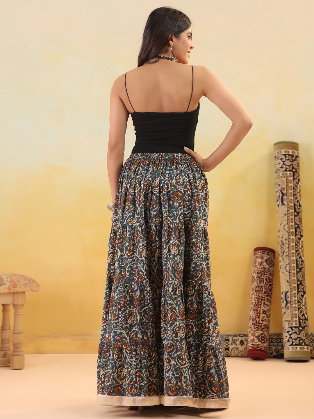 Rimeline Women Pure Cotton Blend Cotton Cambric Self Design Maxi Flared Skirt