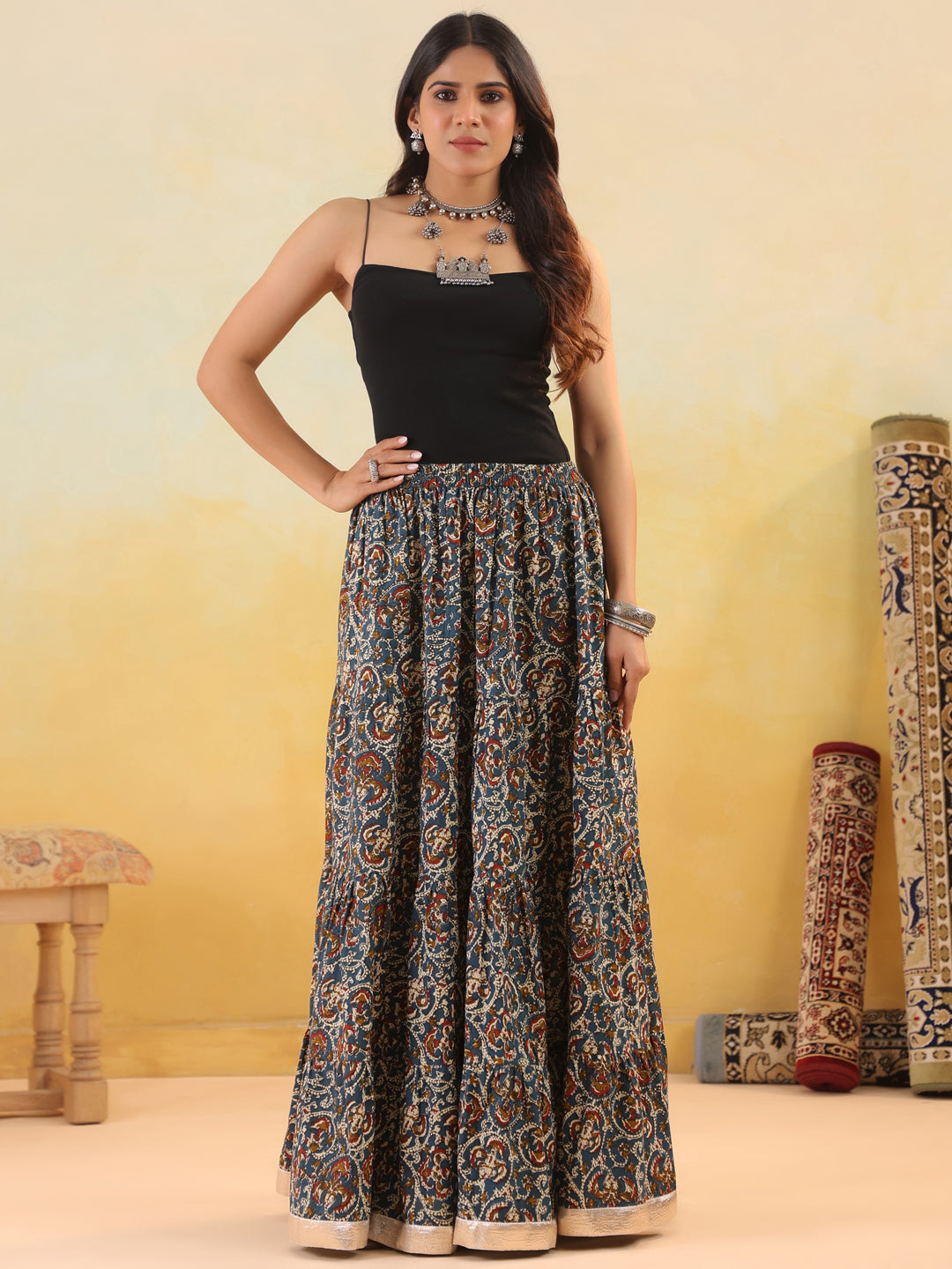 Rimeline Women Pure Cotton Blend Cotton Cambric Self Design Maxi Flared Skirt