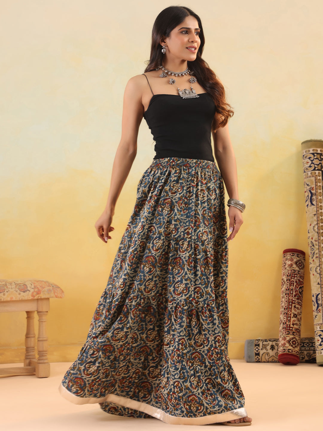 Rimeline Women Pure Cotton Blend Cotton Cambric Self Design Maxi Flared Skirt