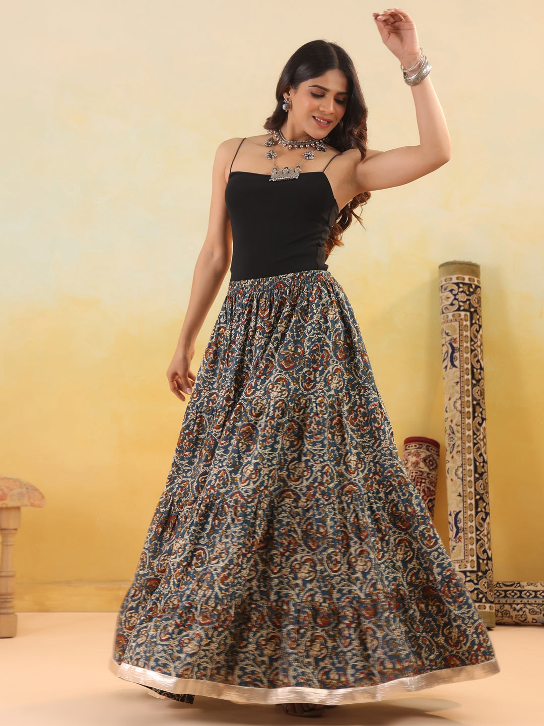 Rimeline Women Pure Cotton Blend Cotton Cambric Self Design Maxi Flared Skirt