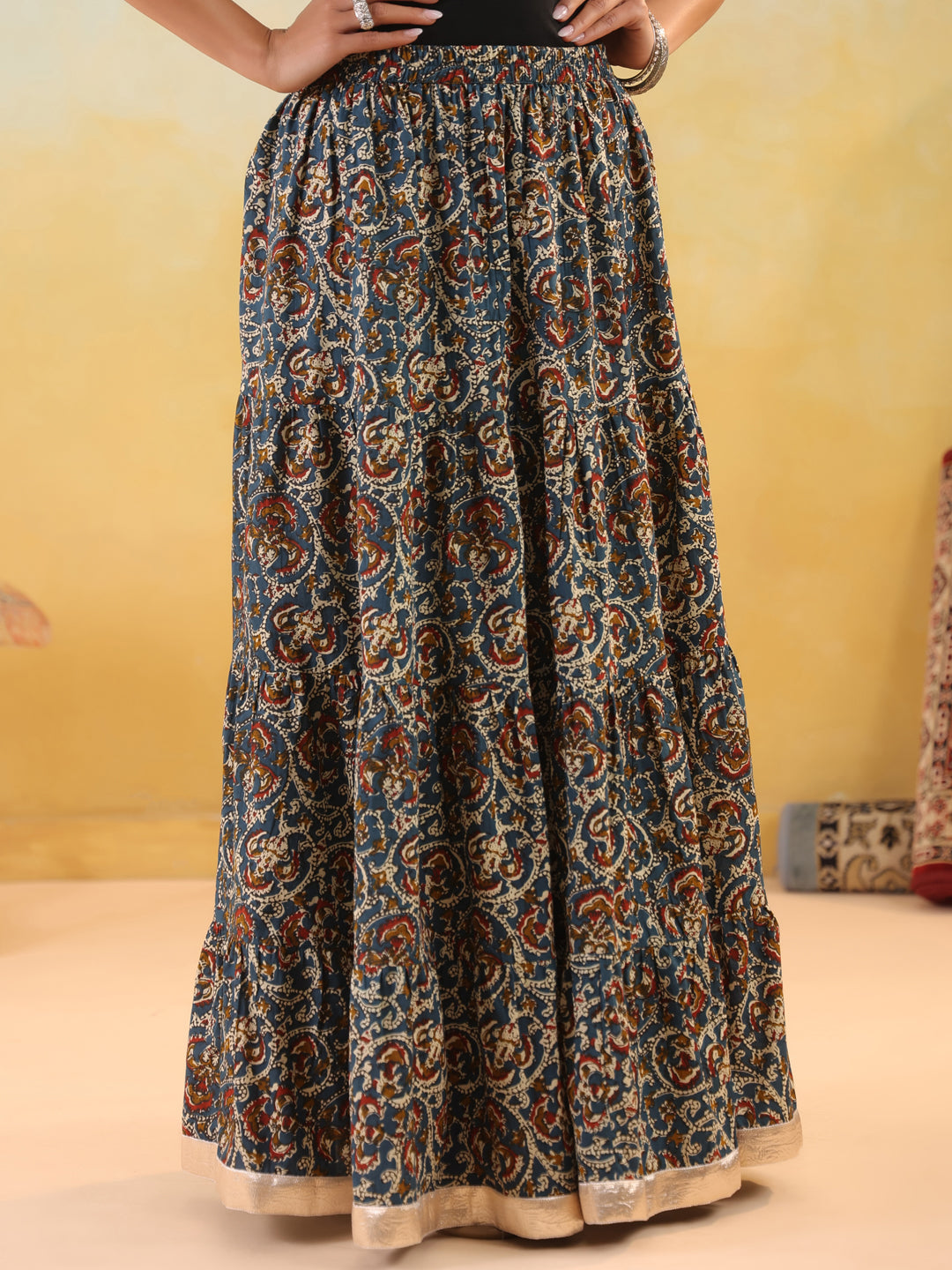 Rimeline Women Pure Cotton Blend Cotton Cambric Self Design Maxi Flared Skirt