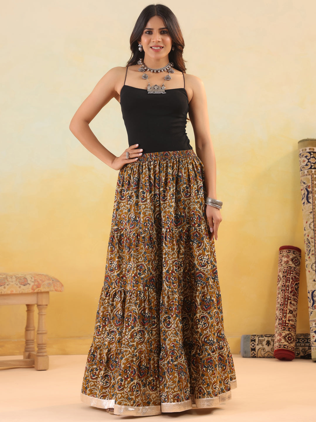 Rimeline Women Pure Cotton Blend Cotton Cambric Self Design Maxi Flared Skirt