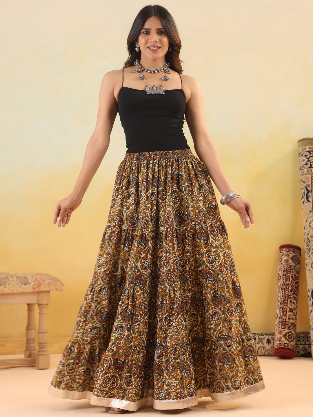 Rimeline Women Pure Cotton Blend Cotton Cambric Self Design Maxi Flared Skirt