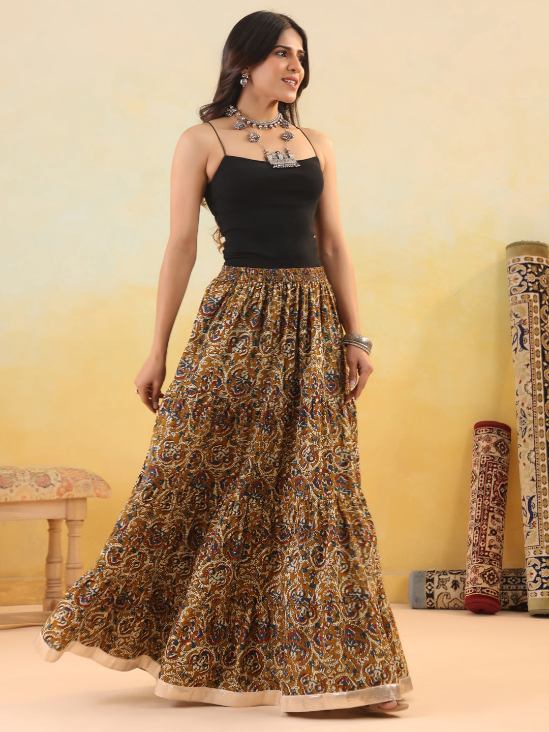 Rimeline Women Pure Cotton Blend Cotton Cambric Self Design Maxi Flared Skirt