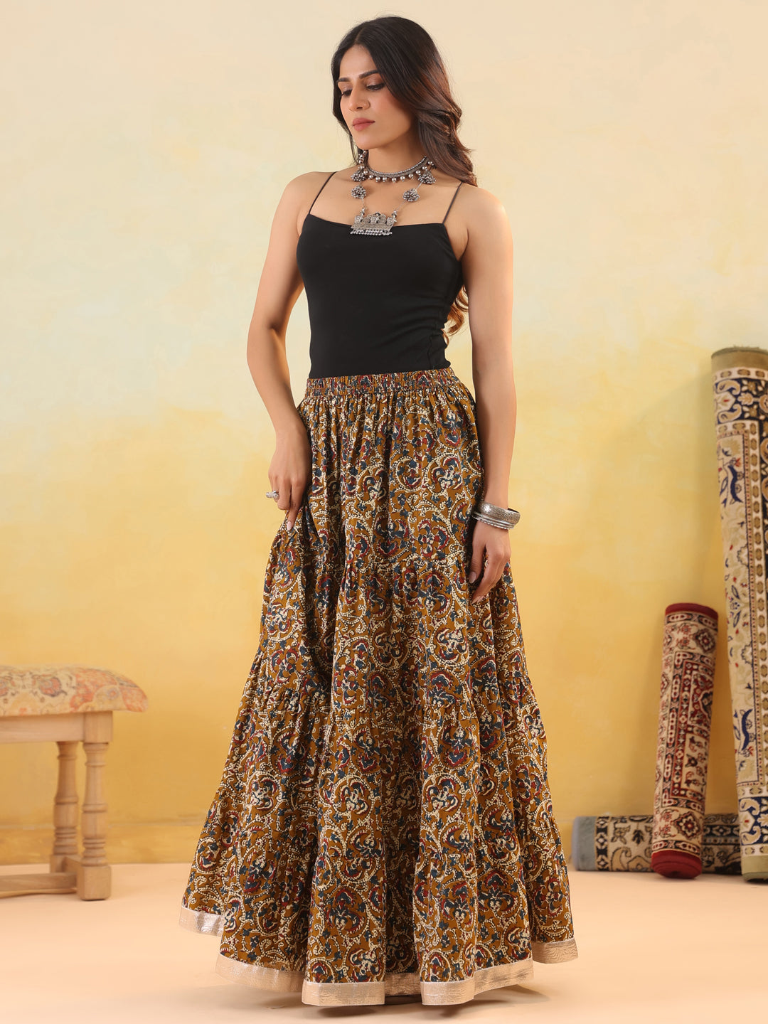 Rimeline Women Pure Cotton Blend Cotton Cambric Self Design Maxi Flared Skirt