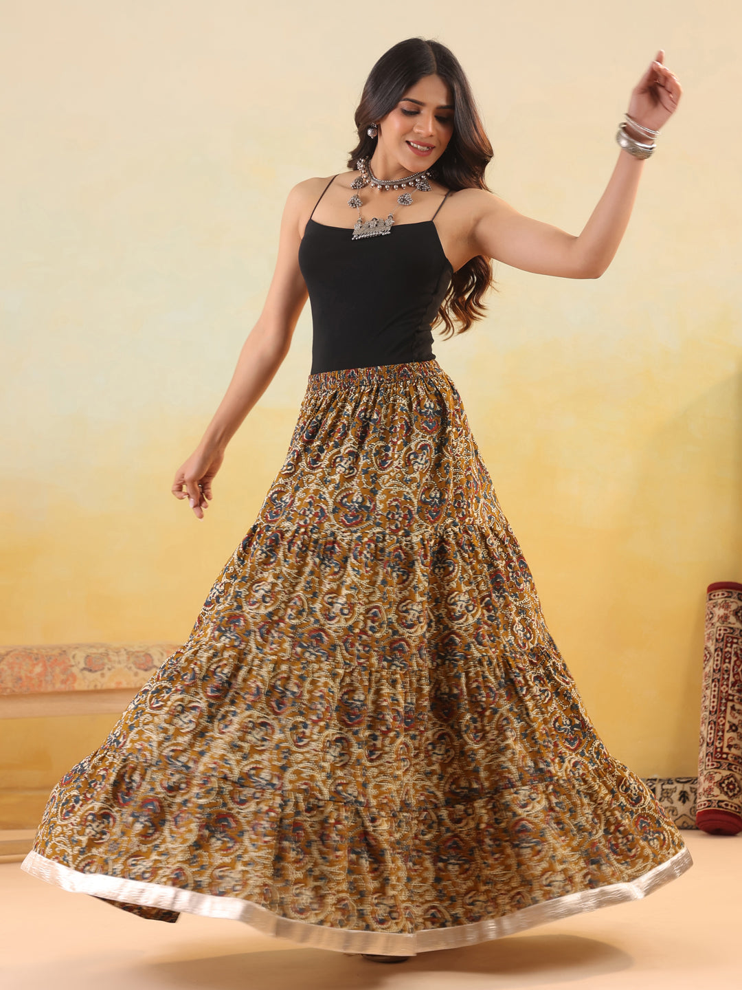 Rimeline Women Pure Cotton Blend Cotton Cambric Self Design Maxi Flared Skirt