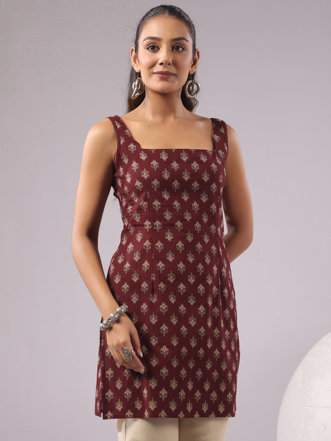 Rimeline Ethnic Motifs Printed Square Neck Pure Cotton Kurti