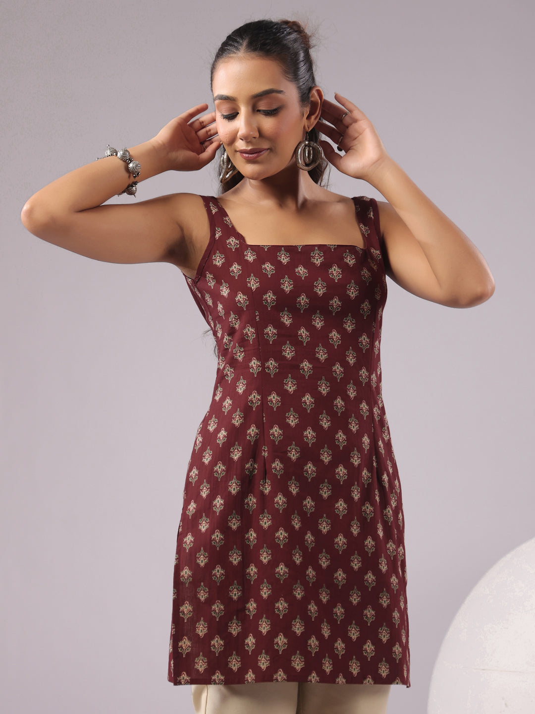 Rimeline Ethnic Motifs Printed Square Neck Pure Cotton Kurti
