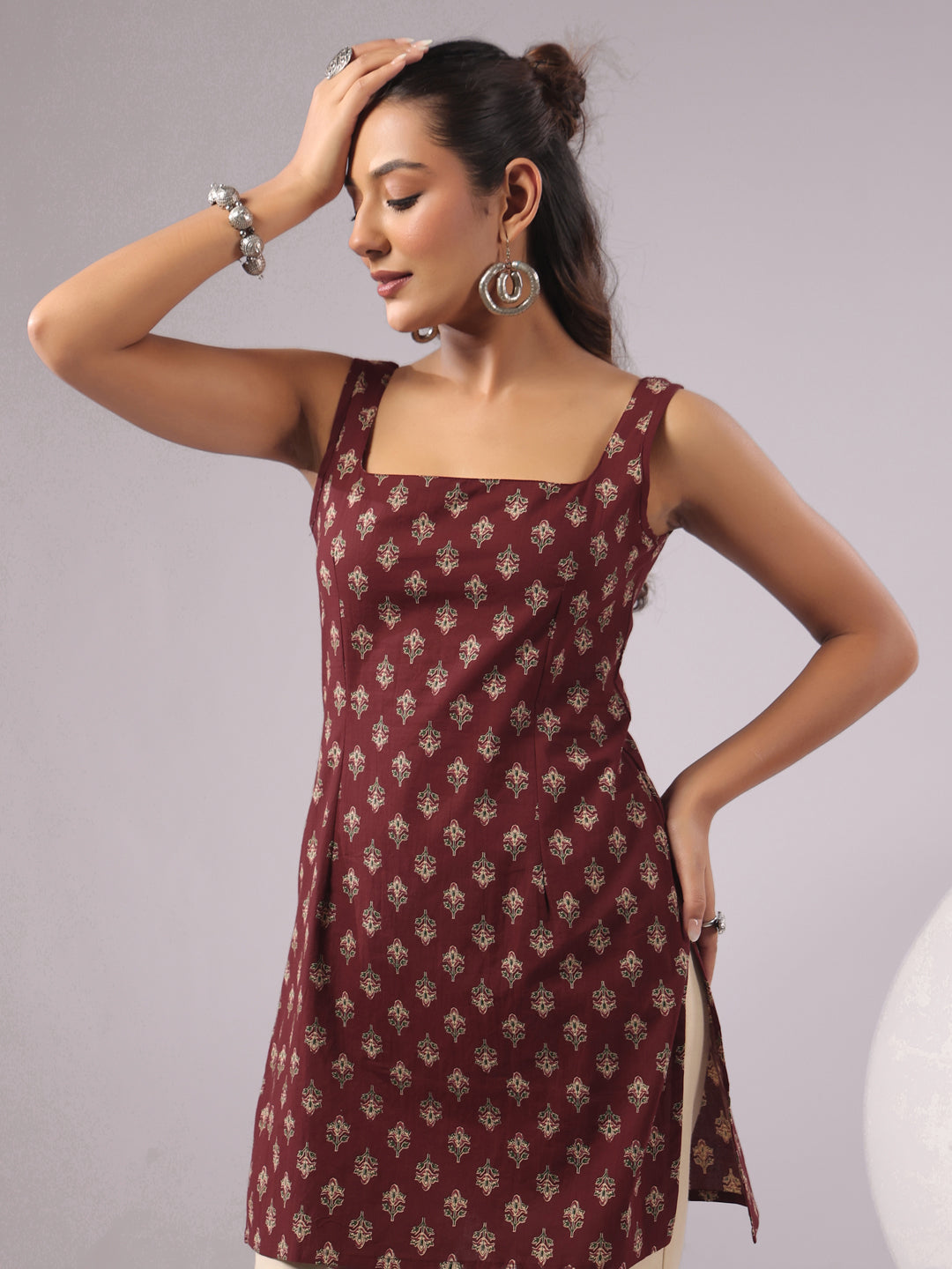 Rimeline Ethnic Motifs Printed Square Neck Pure Cotton Kurti