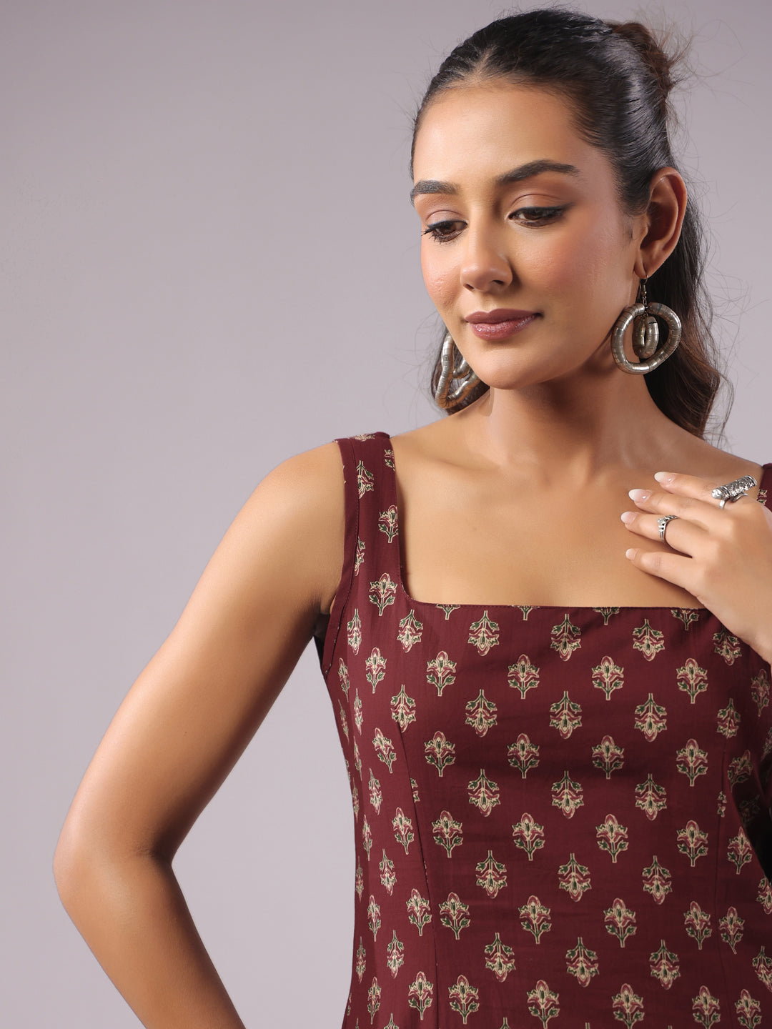 Rimeline Ethnic Motifs Printed Square Neck Pure Cotton Kurti