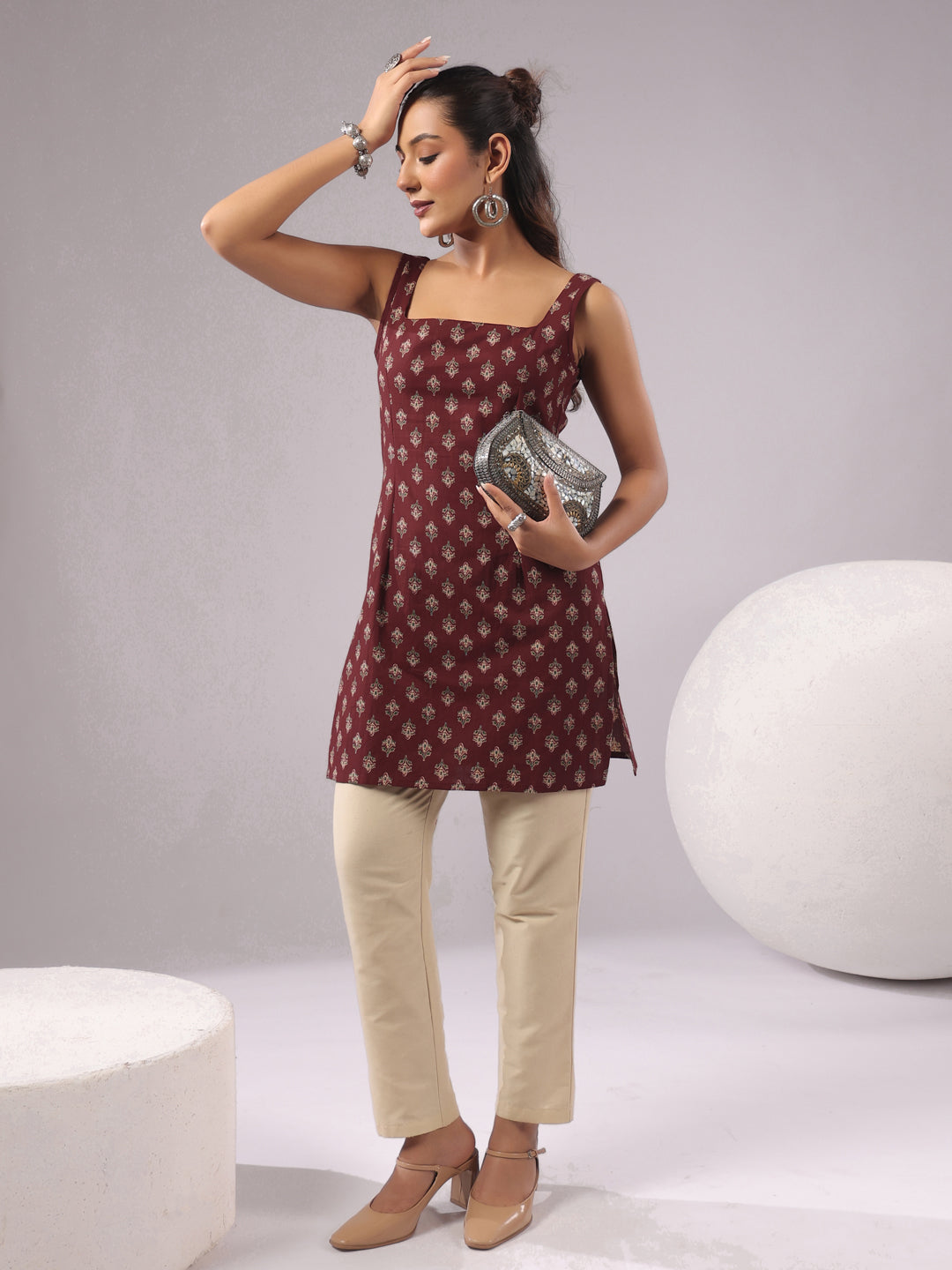 Rimeline Ethnic Motifs Printed Square Neck Pure Cotton Kurti