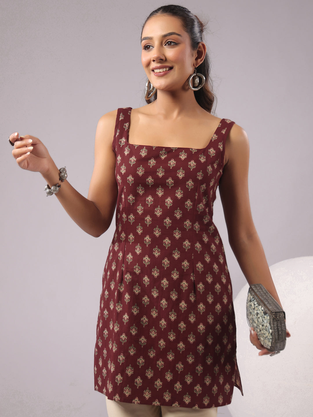Rimeline Ethnic Motifs Printed Square Neck Pure Cotton Kurti